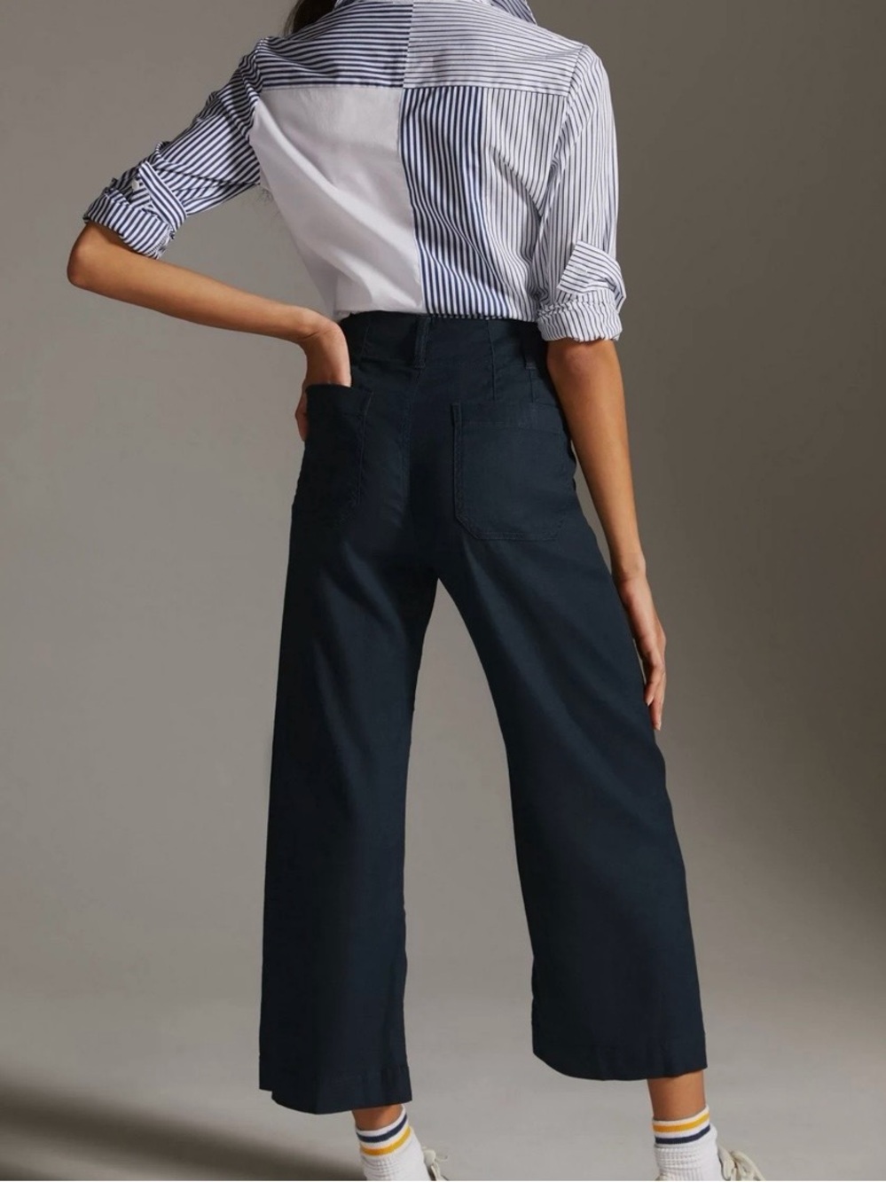 Anthropologie Maeve Dark Navy (almost black) Wide-Leg Cropped Pants Linen Blend - Picture 3 of 12